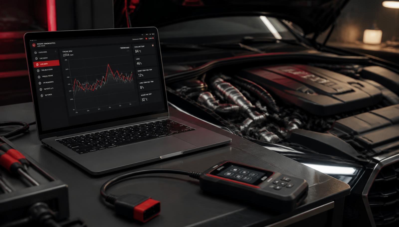 Diagnosesoftware auf einem Laptop vor einem geöffneten Motorraum in der Werkstatt